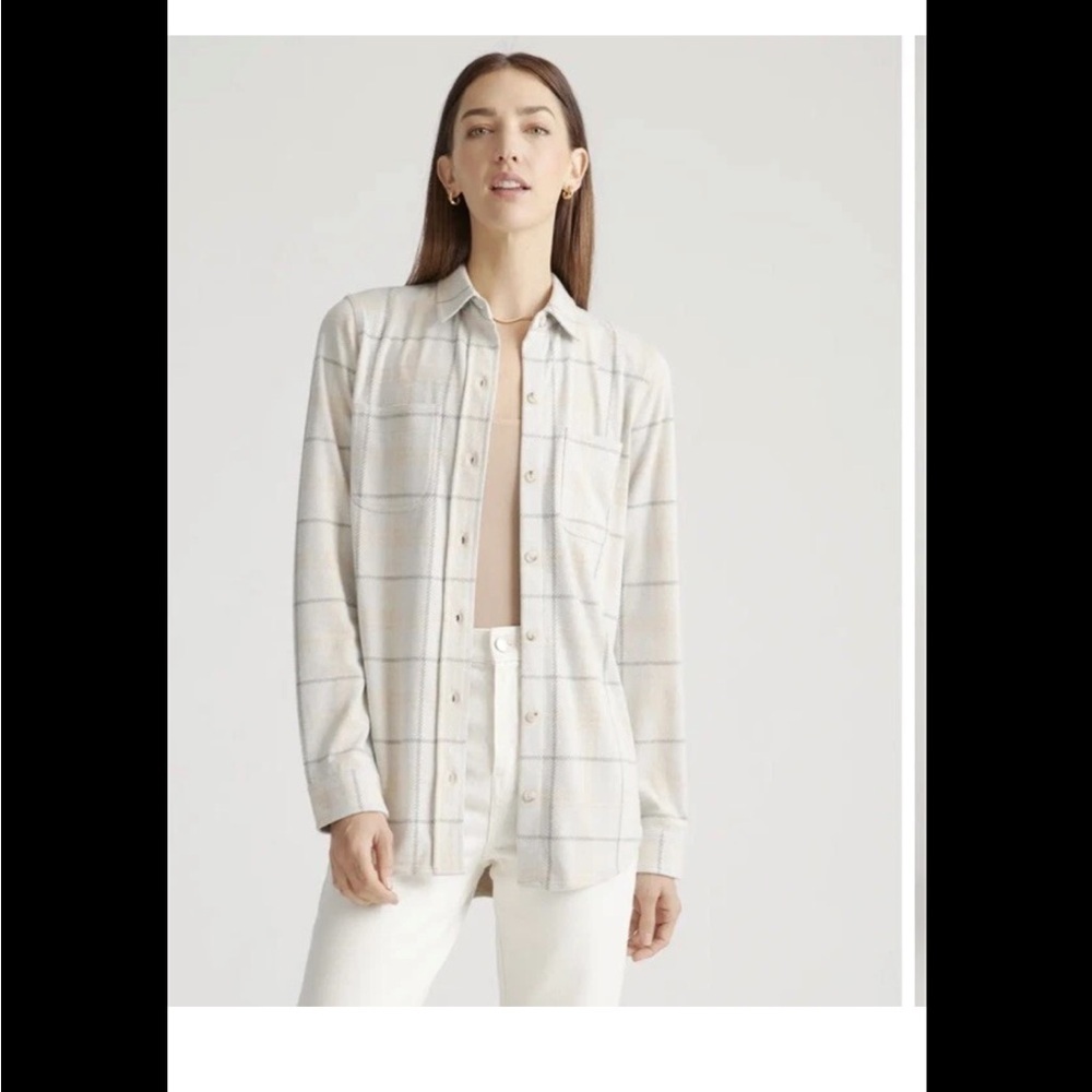 Quince Women's Buttoned Down Sweater Stretch Knit Plaid Fleece Shirt Size Small